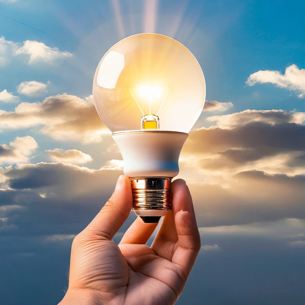 A hand holding the base of an LED light bulb in front of a sunlit sky, projecting strong feelings of innovation and imagination.