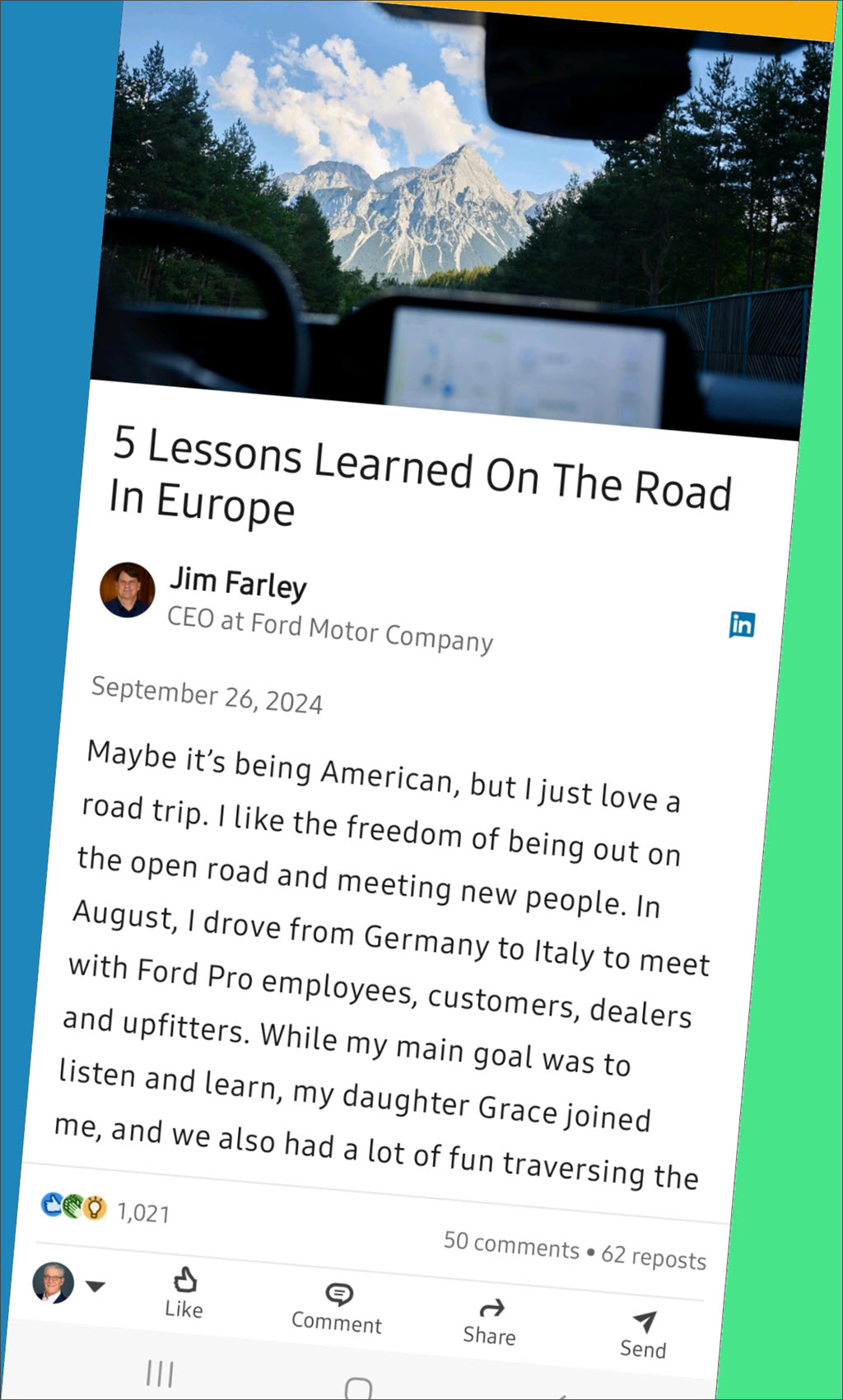 Jim Farley post on the LinkedIn social network