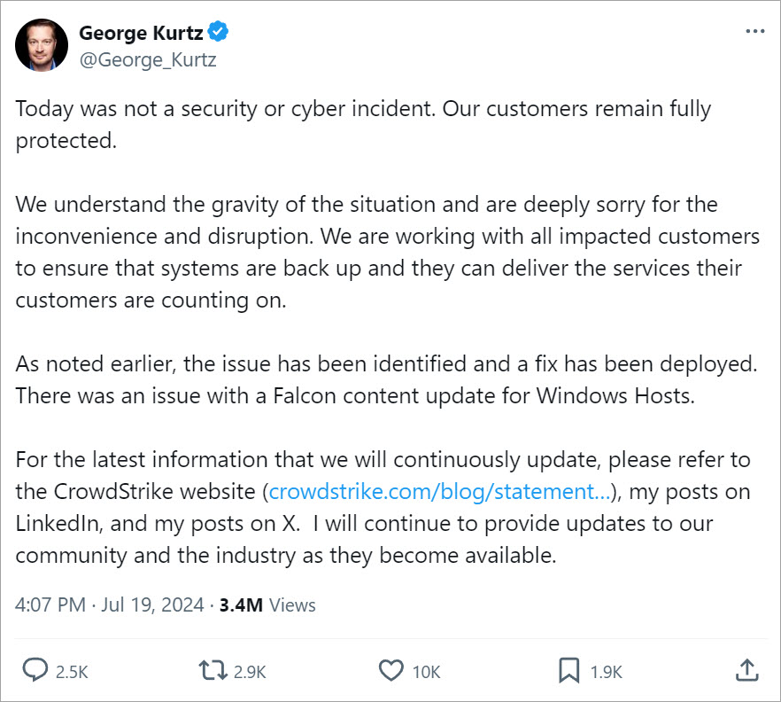 George Kurtz post on X, July 19, 2024.