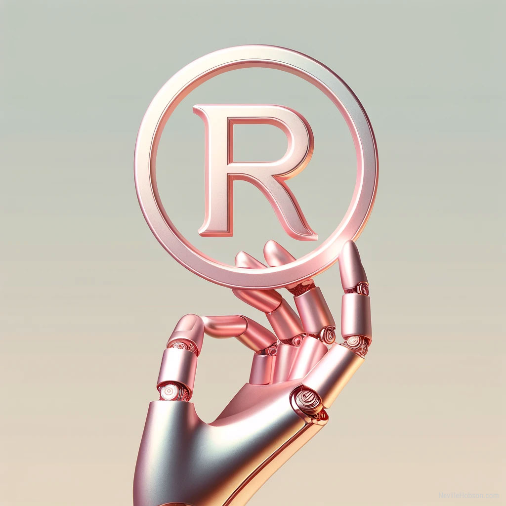 Intellectual property: An elegant, feminine robotic hand with a high-shine, pastel finish, raised, with fingers gracefully curved. The hand holds a 3D metallic 'R' in a sans serif typeface, encased within a perfect circle to denote a registered trademark.